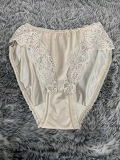 VTG Henson Satin Bikini Sz 5 Nylon Hi Leg Panties Sheer Lace trim shiny Panty