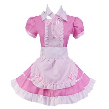 Women's Maid Apron Outfit Waitress Uniform Dress Cosplay Costume Large Pink