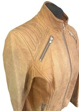 Marks & Spencer Women’s Biker 100% Leather Tan Distressed Jacket Uk 12 EU 38