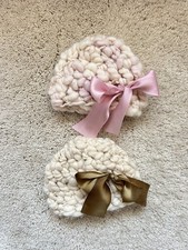 Set of 2 Handknit Hats for Newborn Baby Girl Photo Sessions 0-3