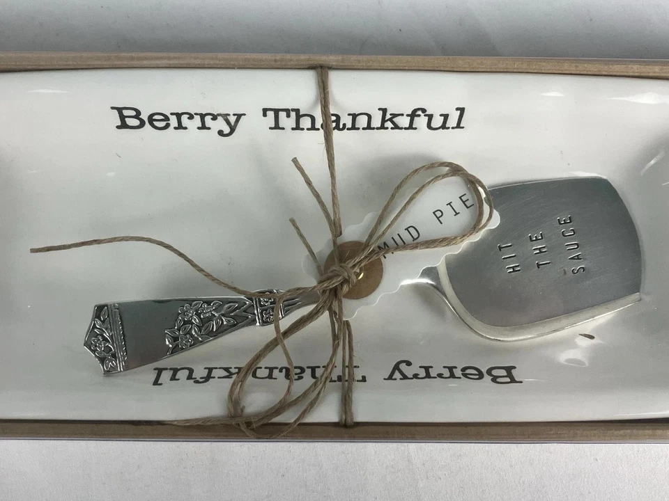 Mud Pie Ceramic Berry Thankful Serving Dish Tray Set w/ Hit The Sauce Spoon NIB - Image 3 of 4