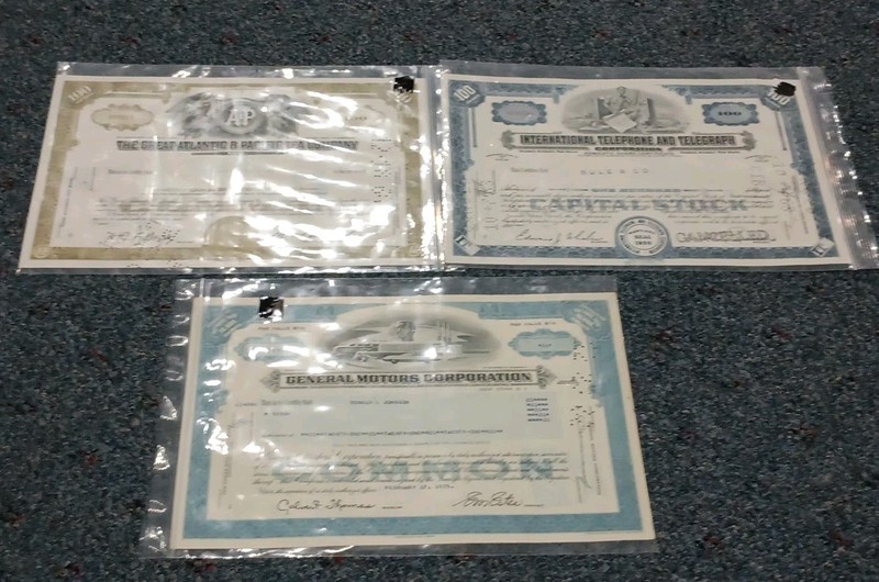 Lot Of 3 Bond Certificates For Collectors/ General Motor, Great Atlantic &...