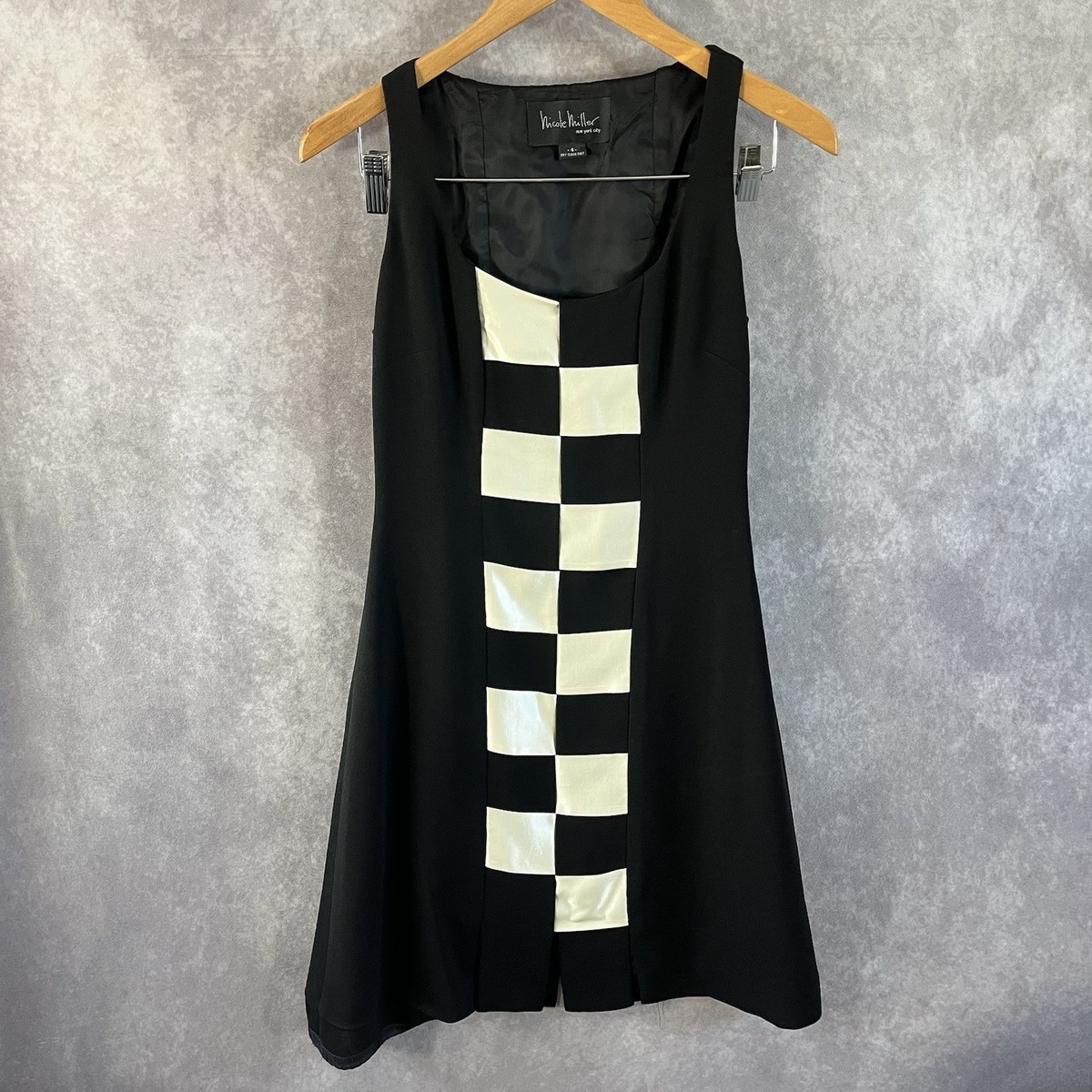 Nicole Miller Mini Dress Women 4 Black White Checkered Satin Ribbon Made In  USA