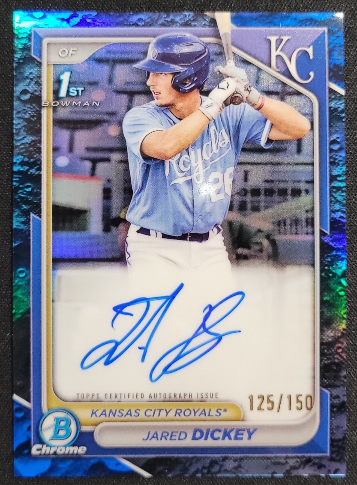 JARED DICKEY 2024 BOWMAN CHROME 1ST BOWMAN BLUE LUNAR AUTO RC /150 KC ROYALS