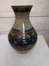 VTG Stoneware Studio Art Pottery Vase Earthenware 9.5" Blue & Gray Signed Rustic