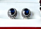 STERLING SILVER MARCASITE SAPPHIRE BLUE STONE CLIP ON EARRINGS