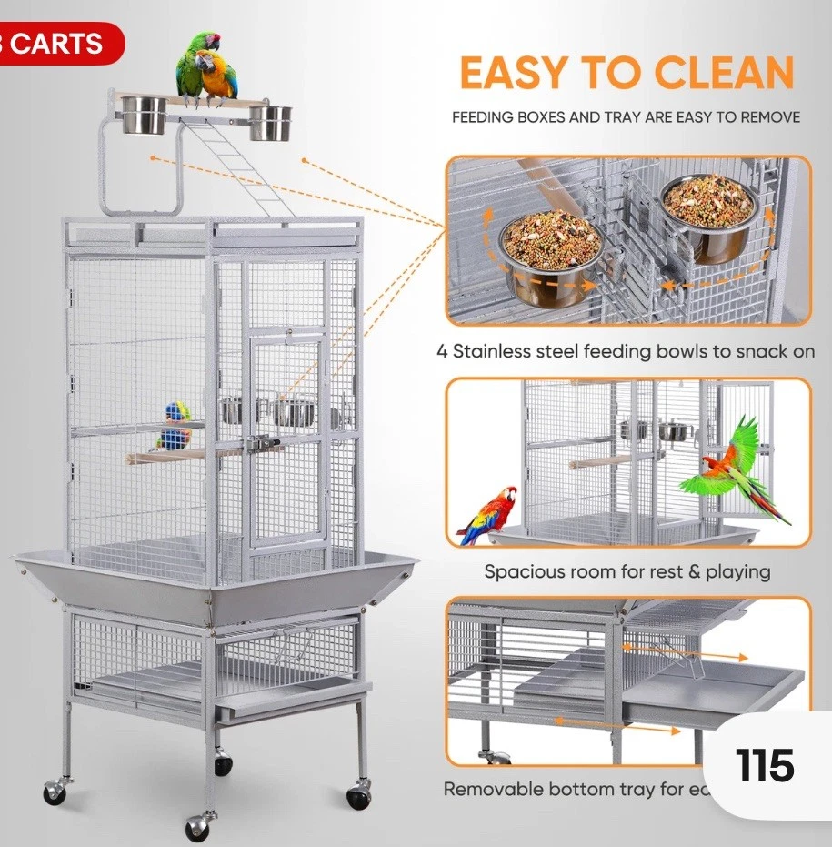 61" Large Bird Cage Playtop Parrot Cage Cockatiel Cockatoo w/Rolling Stand White