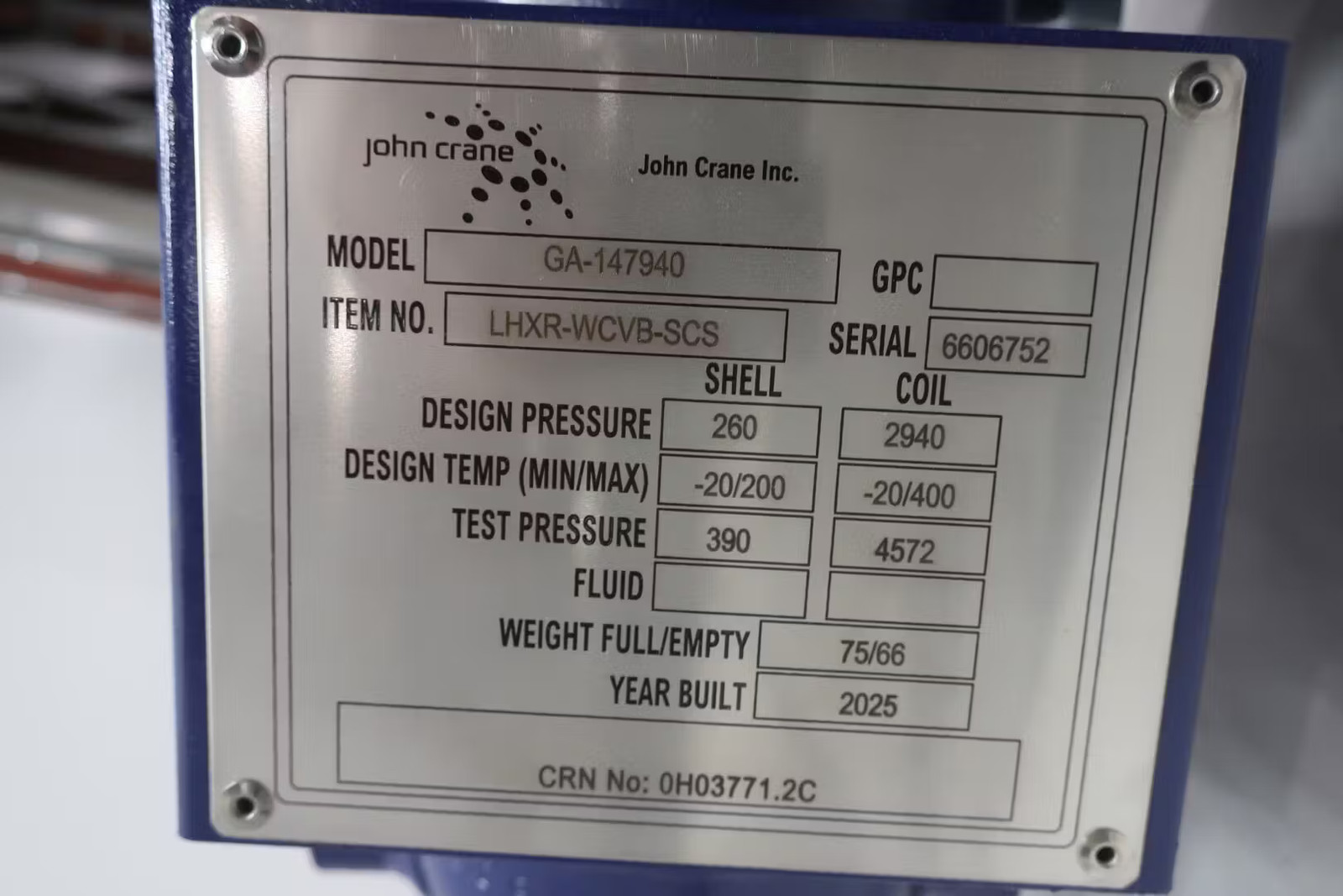 John Crane GA-147940 LHXR-WCVC-SCS Liquid Heat Exchanger