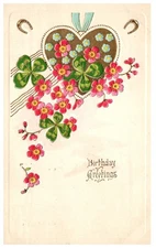 Vintage Postcard Birthday Greetings Floral Horseshoe Clover Design