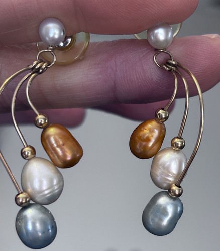 Vintage Handmade Gold Plated Pearls Blue/Champagne/White Dangle Earrings - Picture 2 of 4