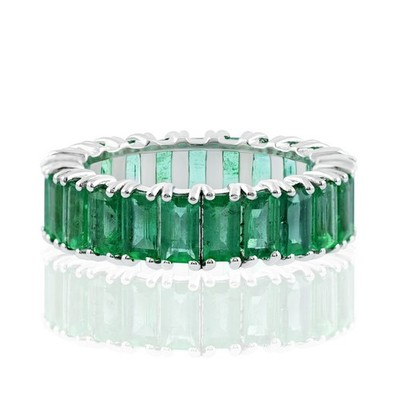 18K Solid Gold Genuine Baguette Emerald Full Eternity Wedding Band For Bride