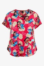 Disney Adopt Today Women's 2-Pocket Lace-Up Notched Round Neck Print Scrub XL