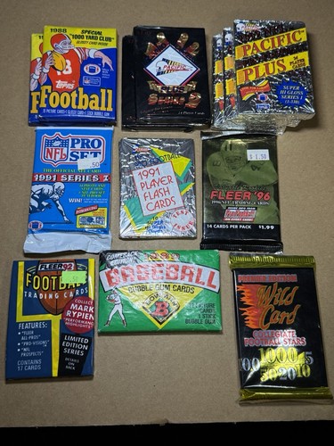 Vintage 80er und 90er Jahre ungeöffnete Football & Baseball Karten 13 Packungen