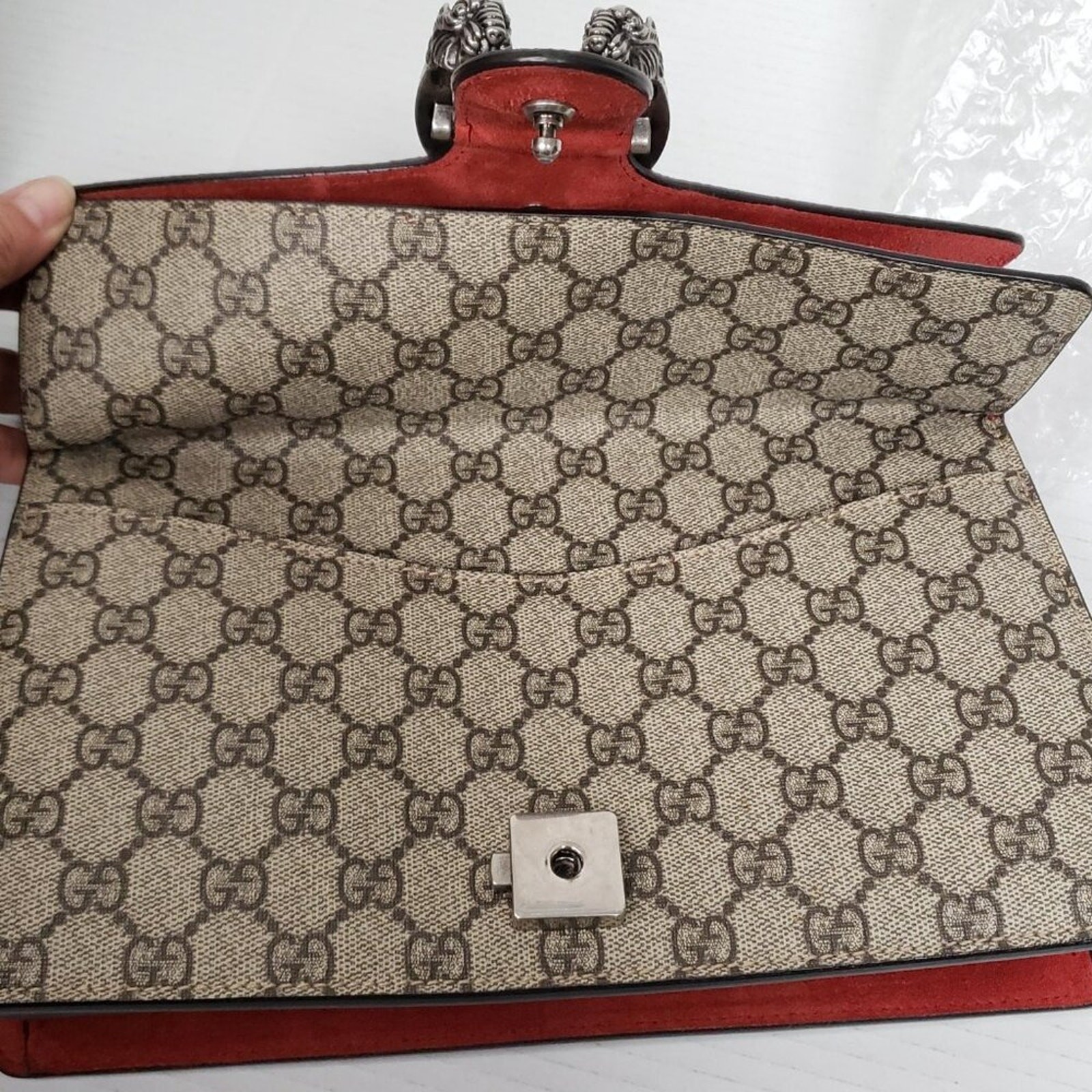 Authentic Gucci Dionysus GG Supreme Shoulder Bag Canvas Red Trim Silver Chain image 8