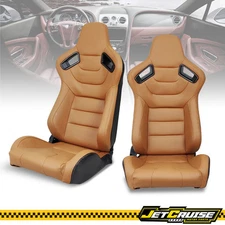 Universal Pair Reclinable Racing Seats + Dual Sliders Brown PU Carbon Leather