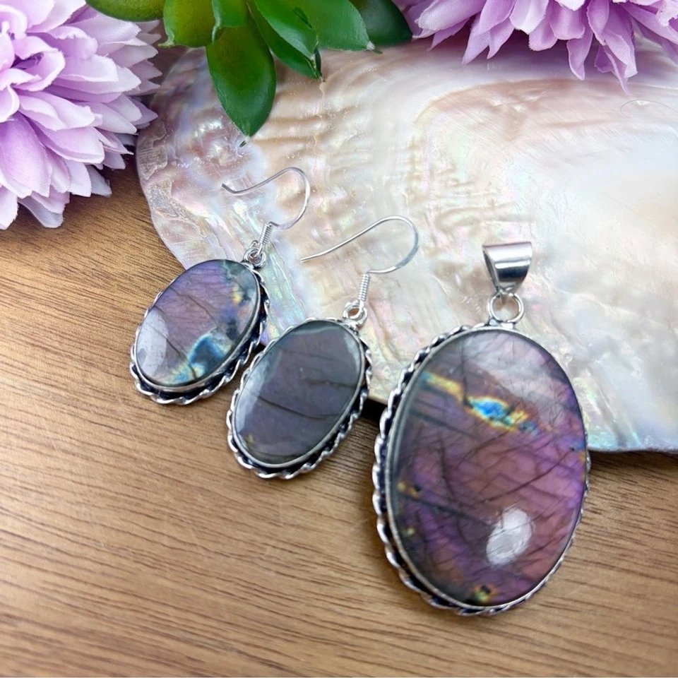 Conjunto de Joyas Pendientes Colgantes Labradorita Púrpura Natural Ovalados Vintage Boho Nuevo Foto 3 de 4