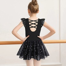 New Girls Dance Leotards for Ballet Dress Shiny Skirt Ruffle Sleeve Back