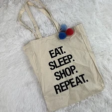 Eat. Sleep. Shop. Repeat. Reusable Shopping Bag Canvas with Pom Poms NWOT