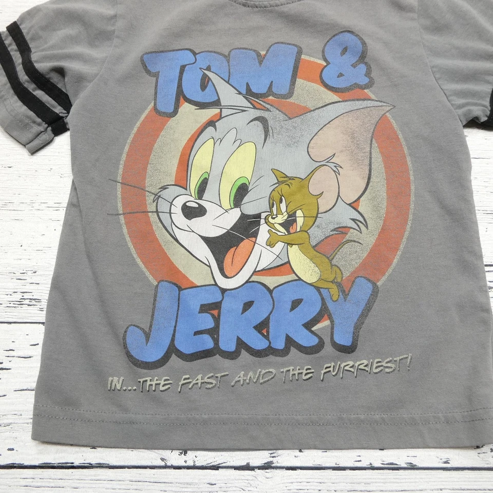 Tom & Jerry Shirt Boys Small 3/4 Gray Cartoon Graphic Tee Fast and the Furriest - Image 2 of 4