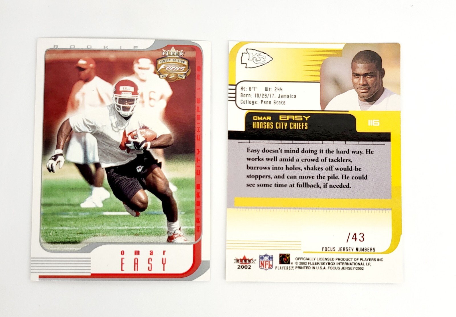 MINT #/ED JERSEY # RC 2002 FLEER FOCUS OMAR EASY #116 KANSAS CITY CHIEFS PENN ST