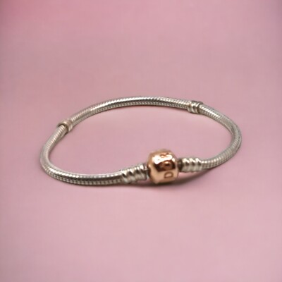 Pandora Moments Rose Gold Barrel Clasp Silver Snake Chain Bracelet