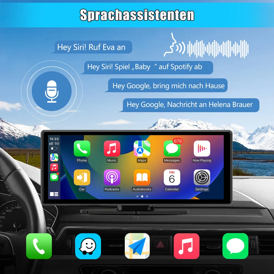 10.26" Zoll Tragbarer Apple CarPlay und Android Auto Wireless Display Autoradio - Bild 3 von 4
