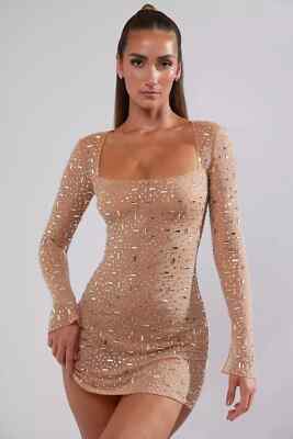 long sleeve embellished cowl neck mini dress in blush Long Sleeve Embellished Cowl Neck Mini Dress in Blush