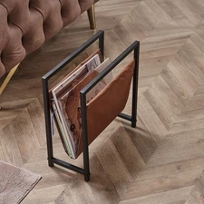 Modern Metal & Brown PU Leather Magazine Rack – Industrial Freestanding Holder