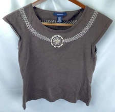 Jones Wear Brown Knit Silk Blend Cap Sleeve Shirt Sz M Bead & Embroidered Accent