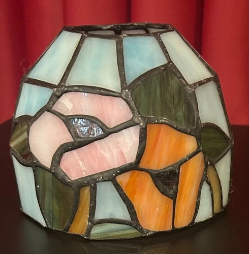 Vtg Tiffany Style Multi Color Floral Stained Glass Lamp Tea Light Candle Shade