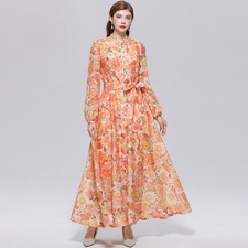 Spring Fall Vintage Floral Print Mock Neck Long Sleeve Women Casual Party Dress