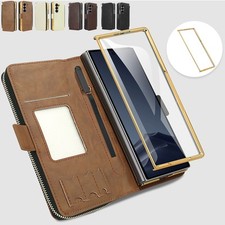 For Samsung Galaxy Z Fold 6 5 4 Wallet Case Zipper Pocket Handbag Strap with Pen