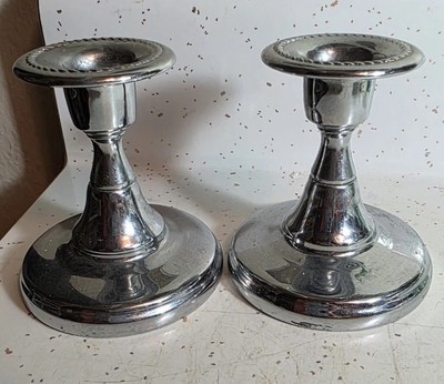 VINTAGE PAIR OF MORRIS SELLER & SONS CHROME SILVER CANDLESTICK HOLDERS 