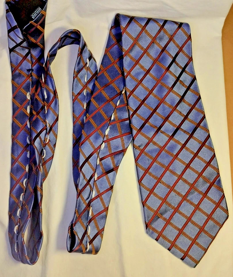 Gravata masculina Massimo Bizzocchi feita à mão seda italiana azul vermelho marrom padrão xadrez  - Imagem 2 de 4