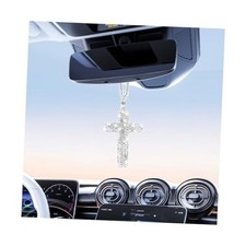 Bling Cross Car Rear View Mirror Charm, Crystal Rhinestone Religious White