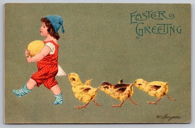 Gold Easter Postcard Child Leading 3 Chicks holding Egg Artist W. Langner 1909