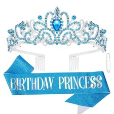 CIEHER Princess Crown and Sash Set, Blue Birthday Tiara for
