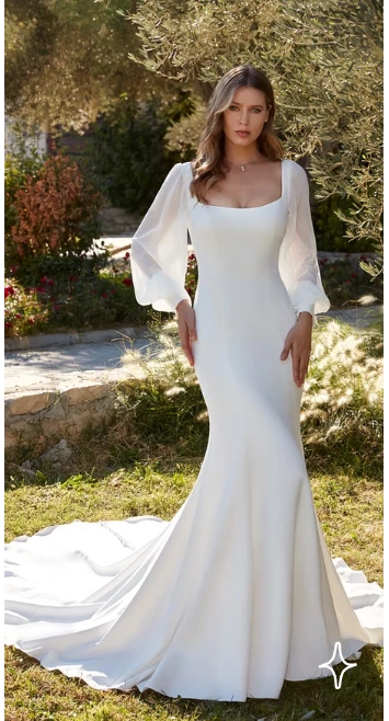 Polyester Square Neck Long Sleeve Wedding Dresses for sale | eBay