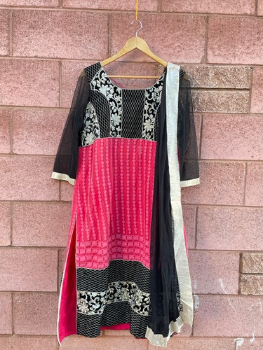 Pink Black SILVER EMBROIDERED SARI DRESS India Rytras Anarkali Festival Hippie - Picture 21 of 23