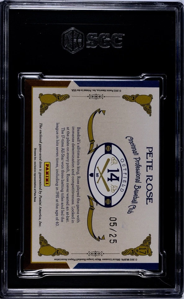 Camiseta deportiva Pete Rose SGC 8,5 2011 Panini Prime Cuts material de línea de tiempo primer nombre 5/25 Foto 3 de 3