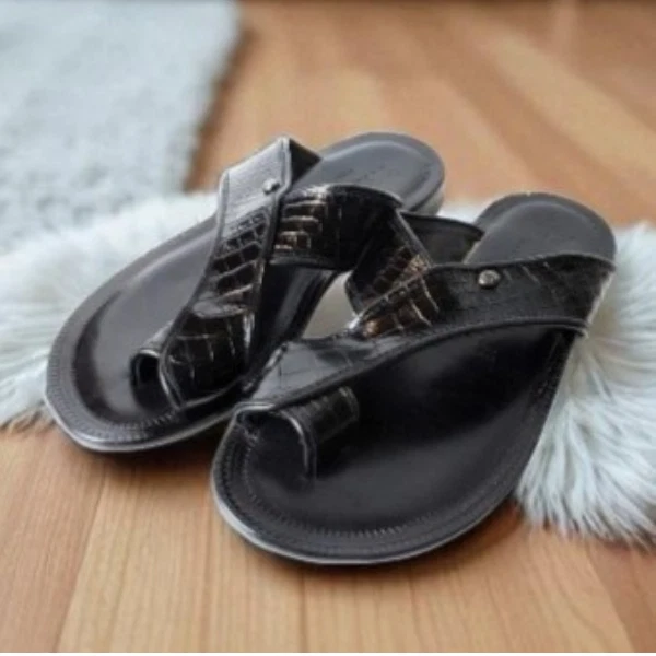 Leather Italian Sandals Mens Black Genuine Leather Flip All Flops Handmade Luke