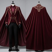 Men Velvet Suit Set With Cape Gold Embroidery Royal Wedding Party Formal Outfit