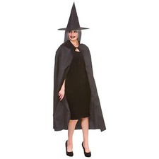 Wicked Witch Hat Cape Set Black Fabric Fancy Dress Accessory 125cm Cloak Pointy