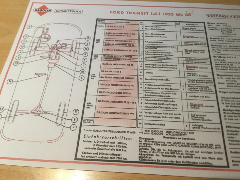 Ford Transit 1,5 l ab Bj. 1955-58, Gasolin Schmier-und Wartungsplan - Bild 1 von 1