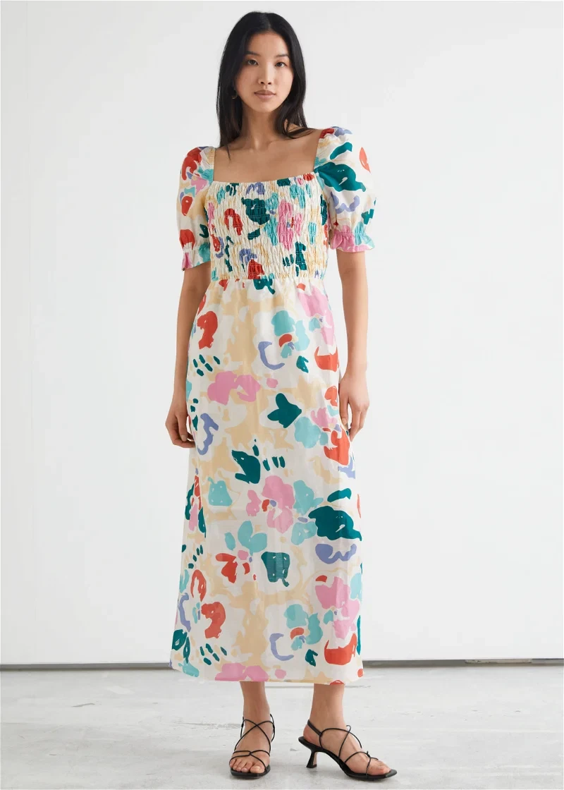 OTHER STORIES ABSTRACT PRINT PUFF SLEEVE SMOCK LINEN BLEND MIDI