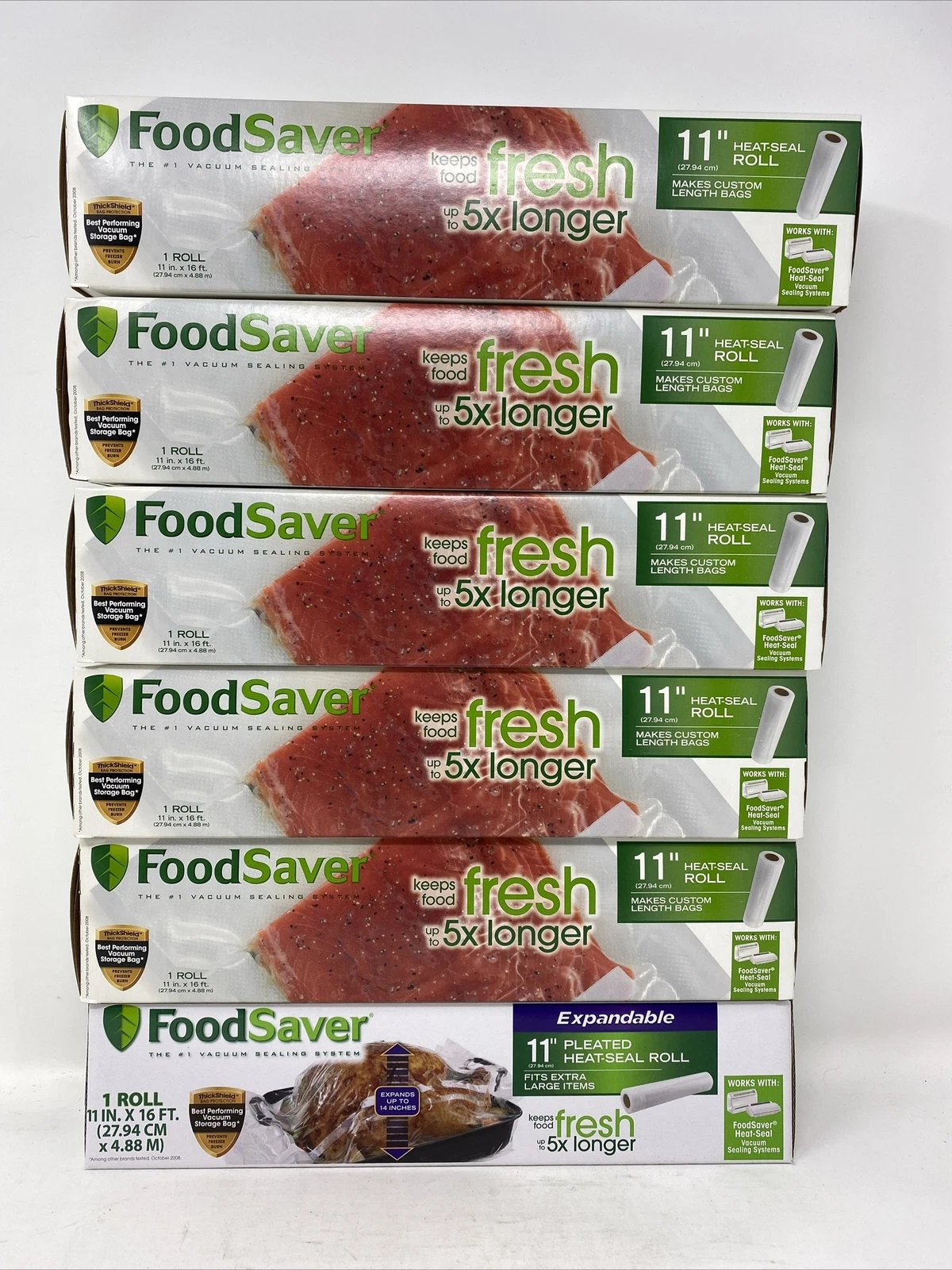 6 GENIUNE FoodSaver 11" x 16' Vacuum Seal Rolls New - 5 Regular / 1 Expandable