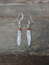 Native American Jewelry Stamped Sterling Silver & Coral Feather Earrings by A...