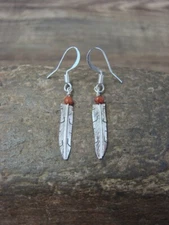 Native American Jewelry Stamped Sterling Silver & Coral Feather Earrings by A...