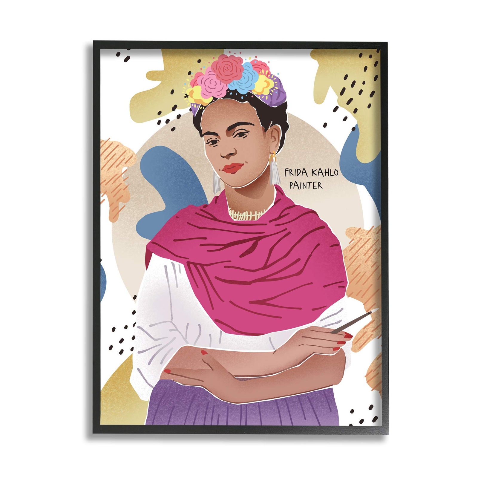 Frida Posing with Paint Brush Abstract Round Pattern, Designed by Ziwei Li Bl...