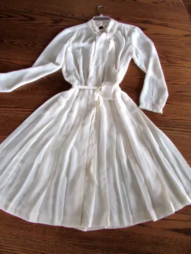 Vintage R & K Originals Sheer Full Pleated Dress Pull Over Long Sleeve Beige